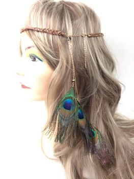 Băng Đô Tết Tóc Màu Nâu Đính Lông Vũ Chim Công | Phong Cách Ibiza Boho (1 chiếc)