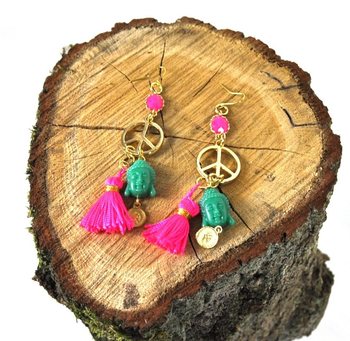 Bông tai phong cách Ibiza màu hồng fuchsia / tượng Phật xanh (1 chiếc)