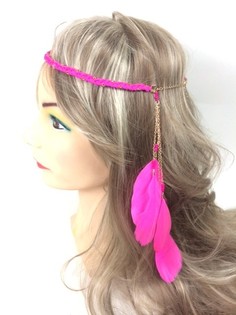 Băng đô tết tóc phong cách Ibiza đính lông vũ màu hồng fuchsia (1 chiếc)
