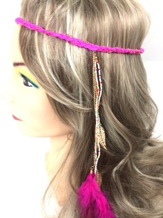 Băng đô tết bím đính lông vũ Màu hồng fuchsia (1 chiếc)