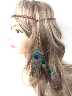 Băng Đô Tết Tóc Màu Nâu Đính Lông Vũ Chim Công | Phong Cách Ibiza Boho (1 chiếc)